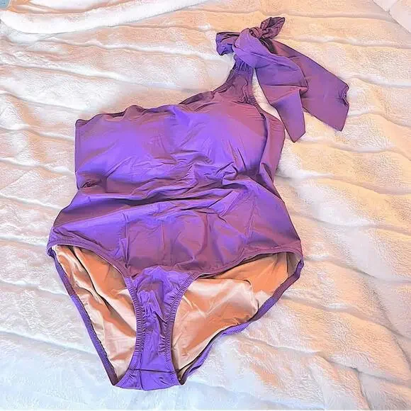 J. Crew Swimsuit Bow Lavender Purple Asymmetrical One Piece Shoulder VIOLA NWT - Picture 5 of 15